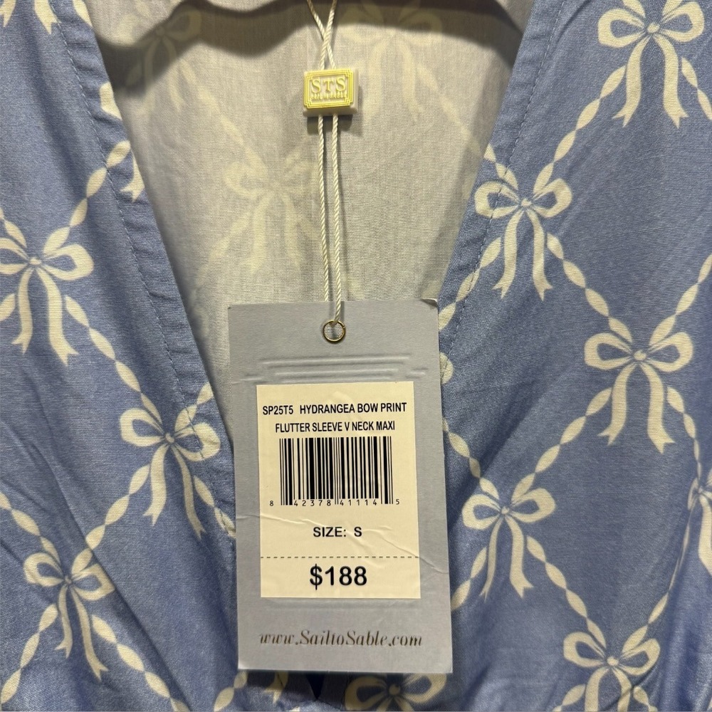 Sail to Sable Hydrangea Bow Print Flutter Sleeve V Neck Maxi Dress Blue SP25T5 S - Picture 5 of 9